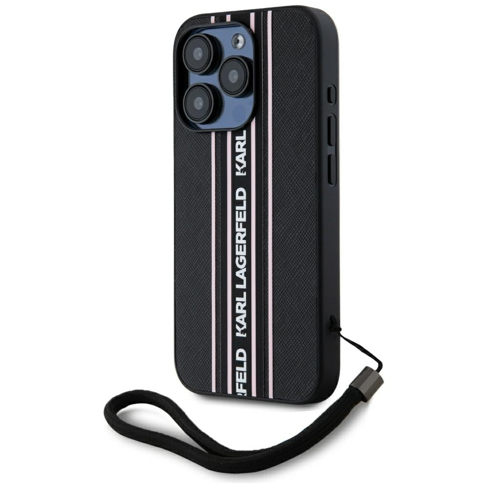 Ovitek za Apple iPhone 15 Pro, Karl Lagerfeld, Saffiano Athleisure Stripes with Strap, Roza