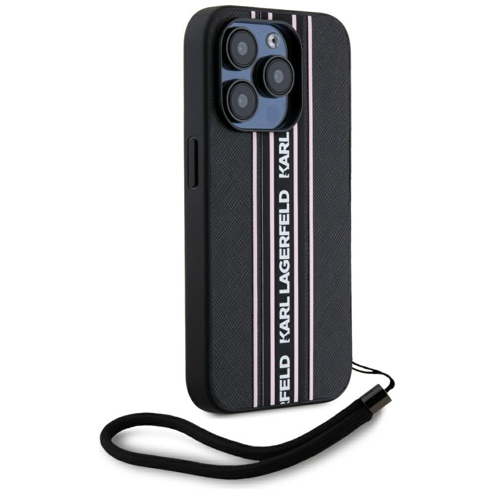 Ovitek za Apple iPhone 15 Pro, Karl Lagerfeld, Saffiano Athleisure Stripes with Strap, Roza