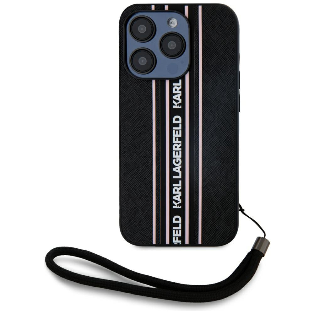 Ovitek za Apple iPhone 15 Pro, Karl Lagerfeld, Saffiano Athleisure Stripes with Strap, Roza