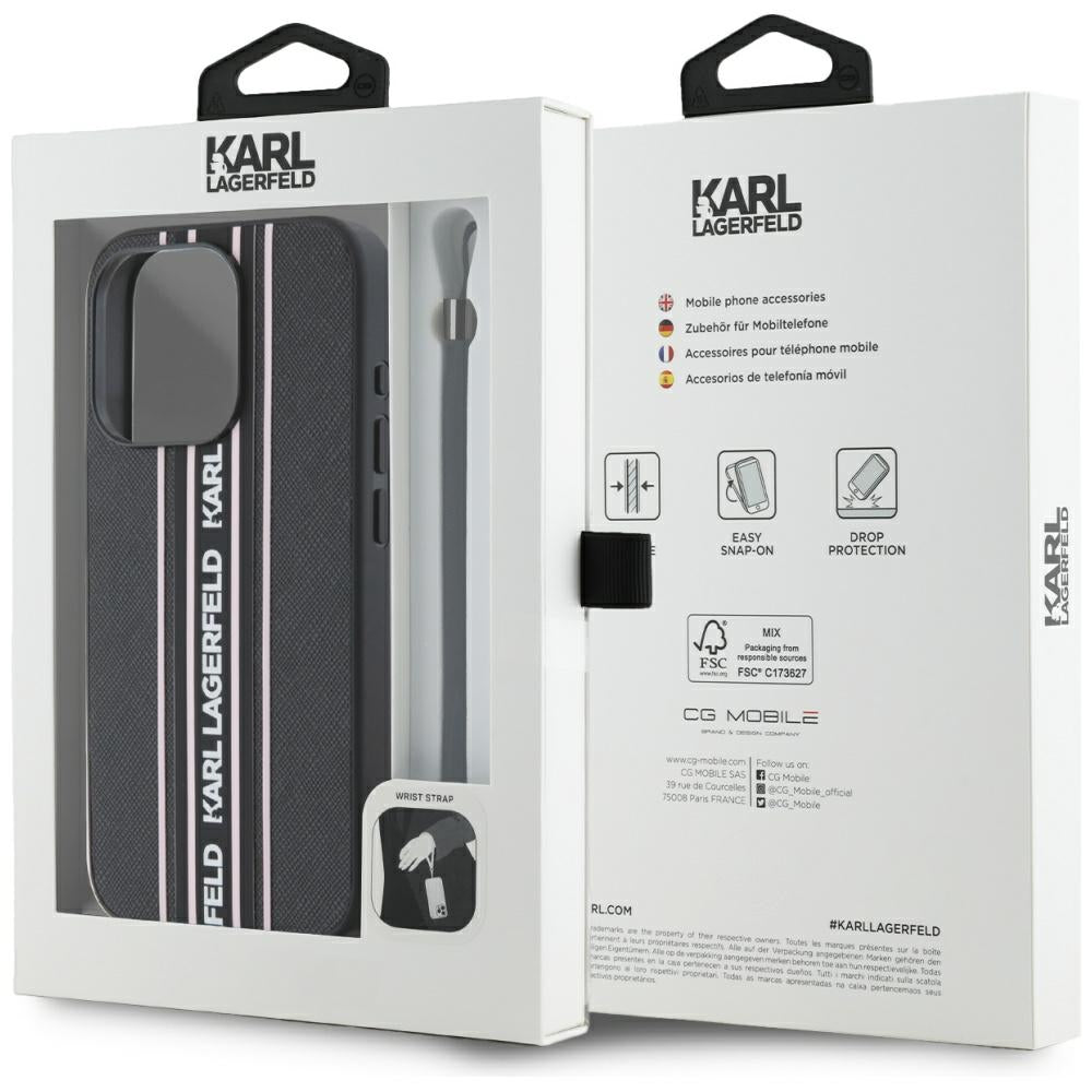 Ovitek za Apple iPhone 15 Pro, Karl Lagerfeld, Saffiano Athleisure Stripes with Strap, Roza