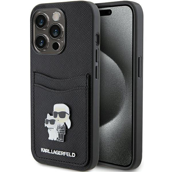 Ovitek za Apple iPhone 15 Pro, Karl Lagerfeld, Saffiano Card Slot Metal Karl & Choupette, črn