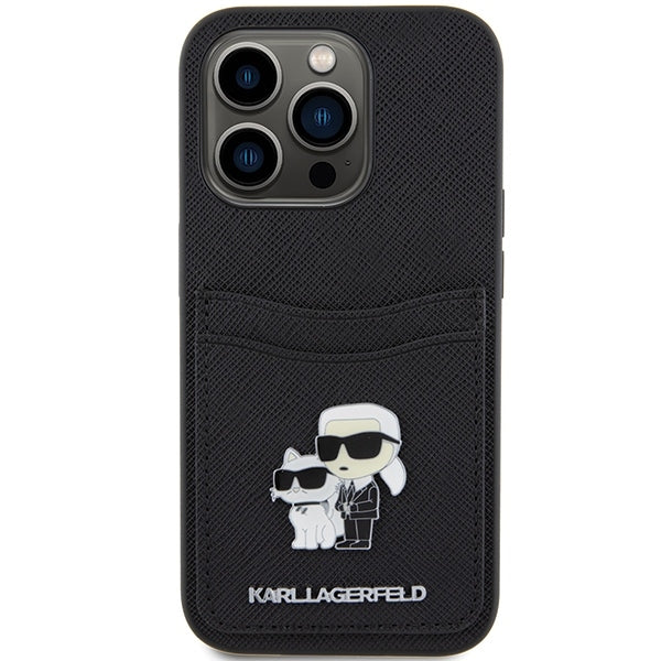 Ovitek za Apple iPhone 15 Pro, Karl Lagerfeld, Saffiano Card Slot Metal Karl & Choupette, črn