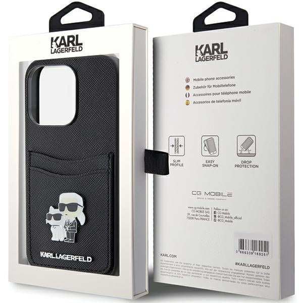 Ovitek za Apple iPhone 15 Pro, Karl Lagerfeld, Saffiano Card Slot Metal Karl & Choupette, črn