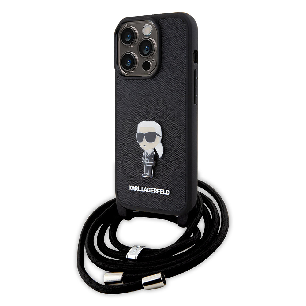 Ovitek za Apple iPhone 15 Pro, Karl Lagerfeld, Saffiano Crossbody Monogram Metal Pin Karl, Črna
