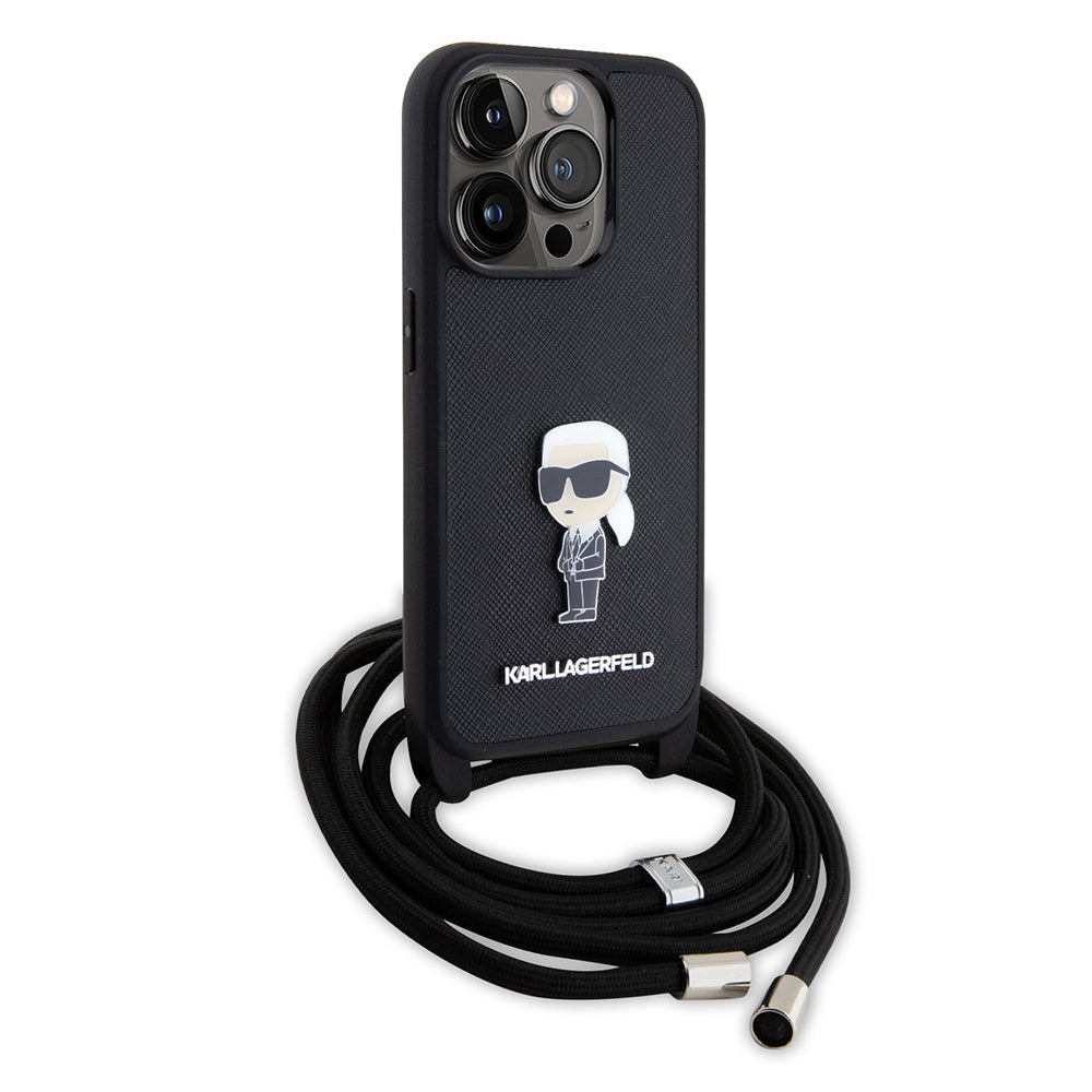 Ovitek za Apple iPhone 15 Pro, Karl Lagerfeld, Saffiano Crossbody Monogram Metal Pin Karl, Črna