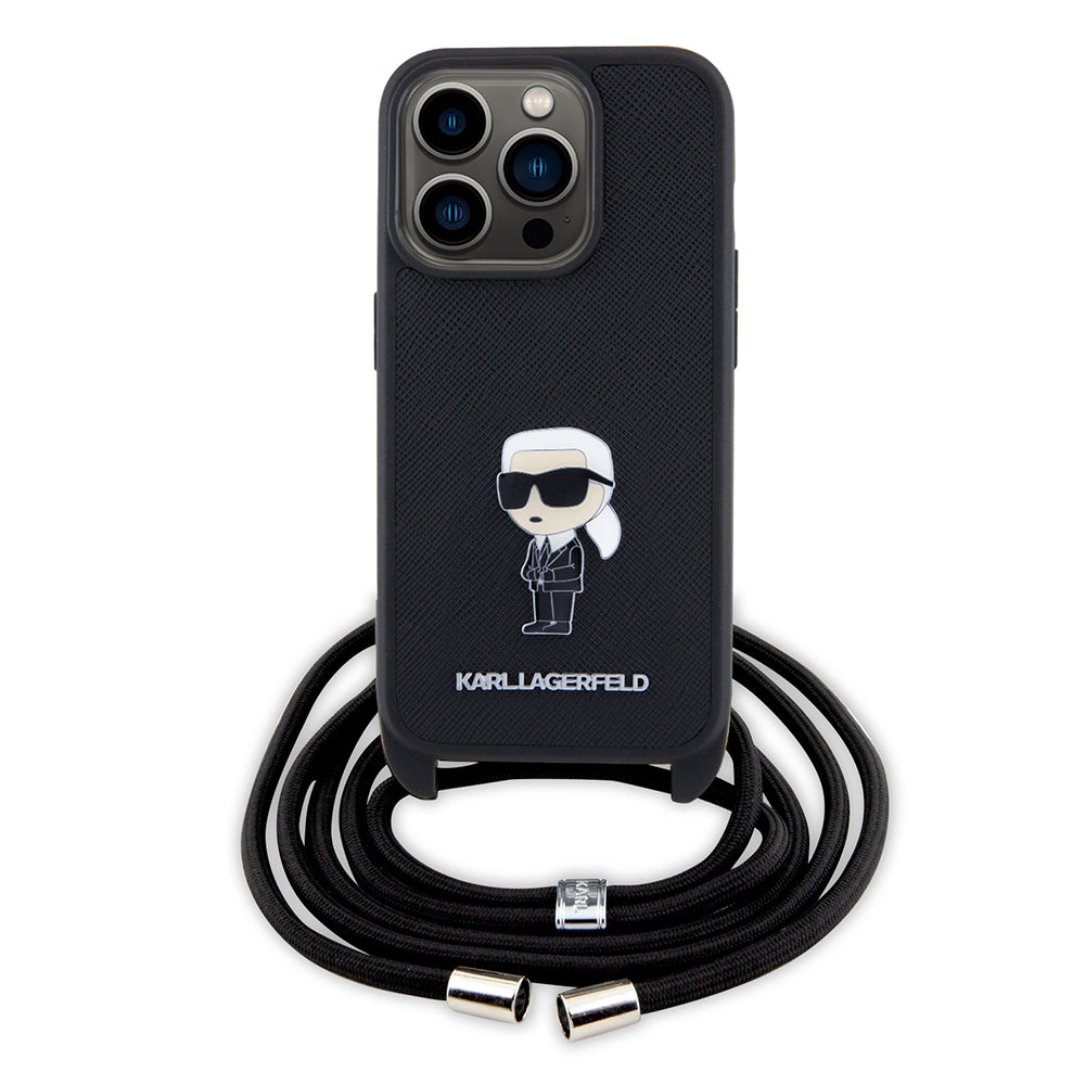 Ovitek za Apple iPhone 15 Pro, Karl Lagerfeld, Saffiano Crossbody Monogram Metal Pin Karl, Črna