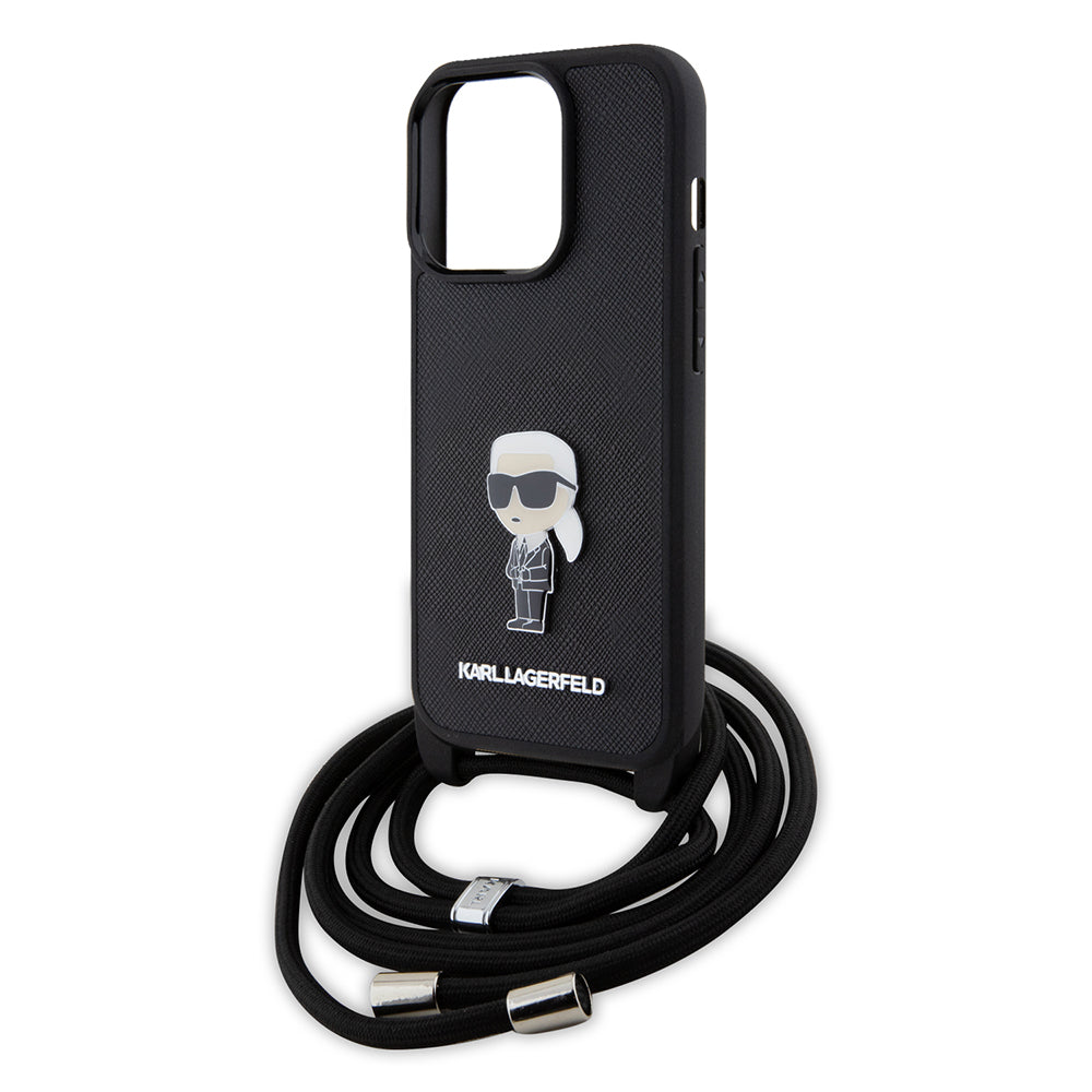 Ovitek za Apple iPhone 15 Pro, Karl Lagerfeld, Saffiano Crossbody Monogram Metal Pin Karl, Črna