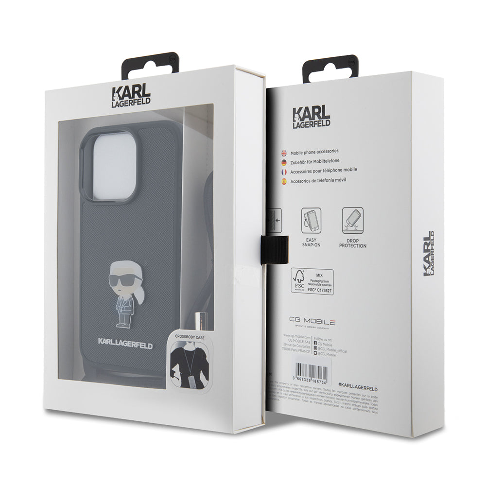 Ovitek za Apple iPhone 15 Pro, Karl Lagerfeld, Saffiano Crossbody Monogram Metal Pin Karl, Črna