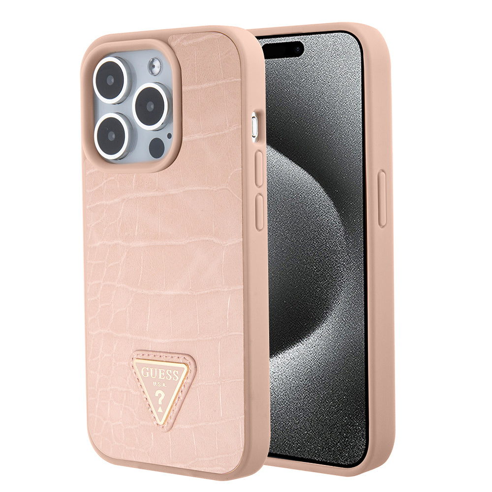 Ovitek za Apple iPhone 15 Pro Max, Guess, Croco Triangle Metal Logo, Roza