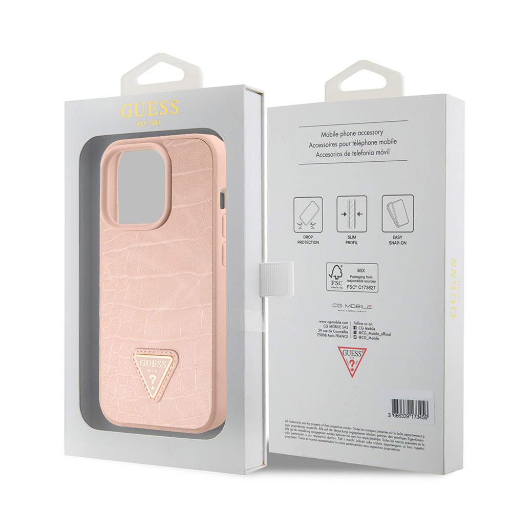 Ovitek za Apple iPhone 15 Pro Max, Guess, Croco Triangle Metal Logo, Roza