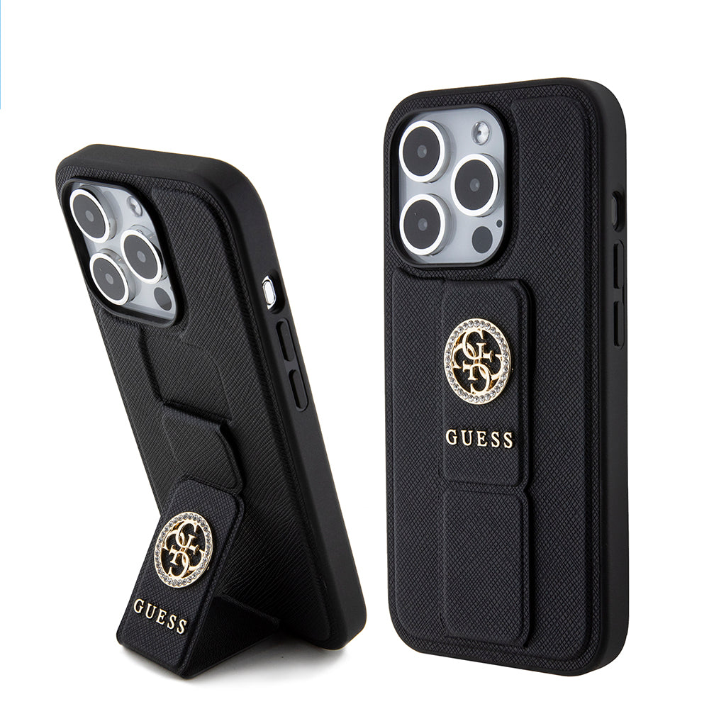 Ovitek za Apple iPhone 15 Pro Max, Guess, Grip Stand 4G Saffiano Strass, črn