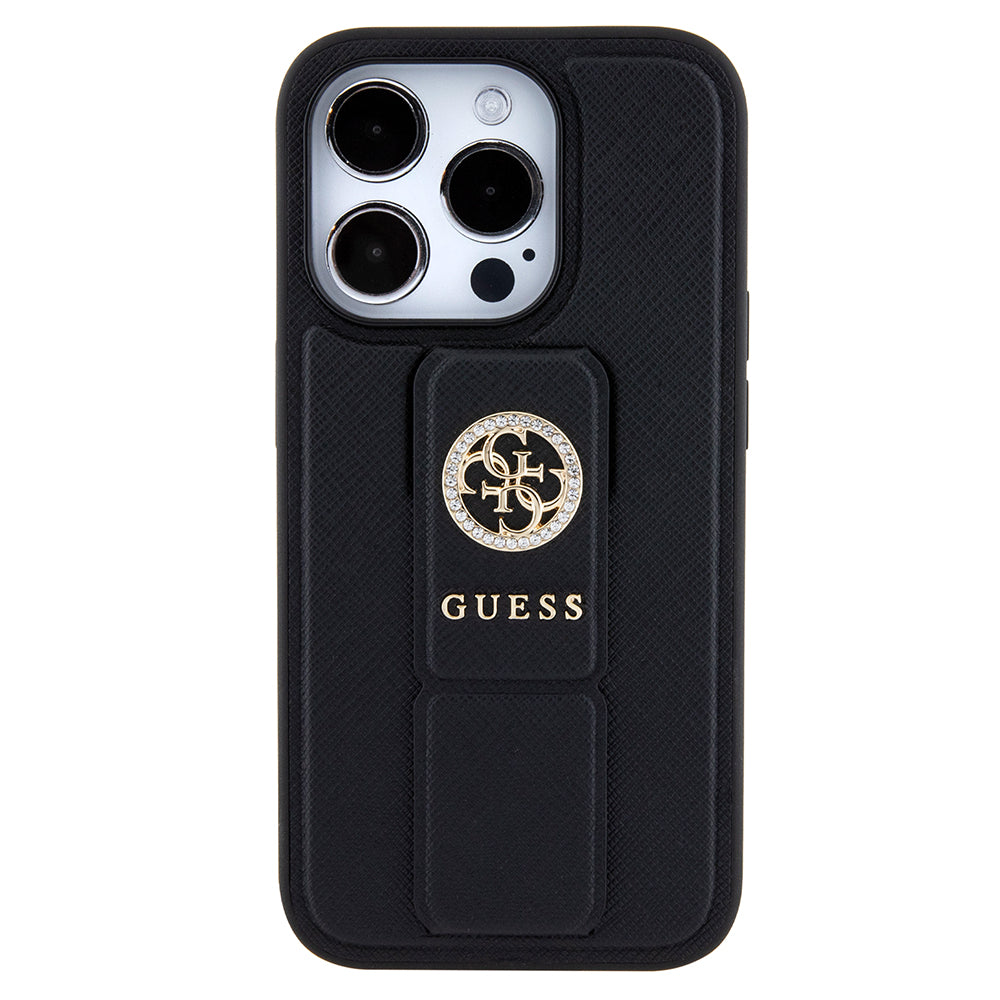 Ovitek za Apple iPhone 15 Pro Max, Guess, Grip Stand 4G Saffiano Strass, črn