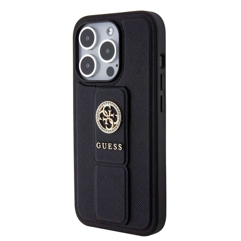 Ovitek za Apple iPhone 15 Pro Max, Guess, Grip Stand 4G Saffiano Strass, črn