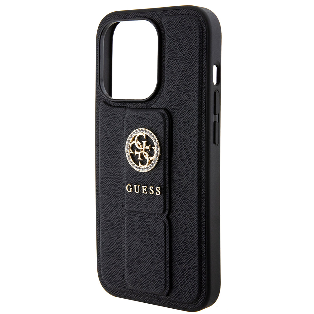 Ovitek za Apple iPhone 15 Pro Max, Guess, Grip Stand 4G Saffiano Strass, črn