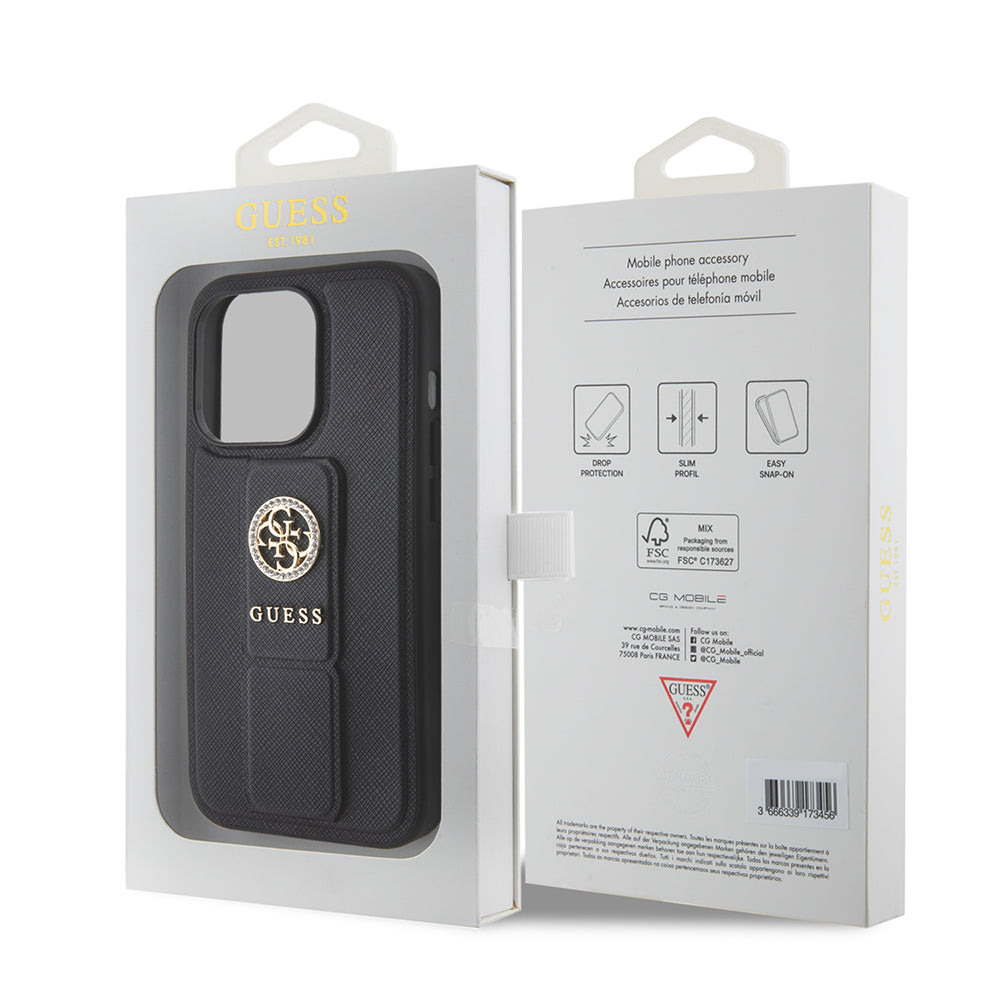Ovitek za Apple iPhone 15 Pro Max, Guess, Grip Stand 4G Saffiano Strass, črn