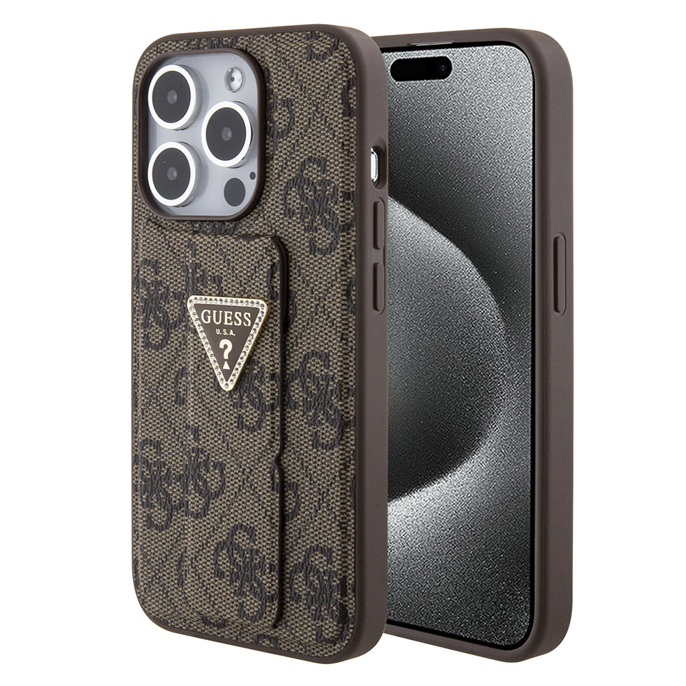 Ovitek za Apple iPhone 15 Pro Max, Guess, Grip Stand 4G Triangle Strass, rjava