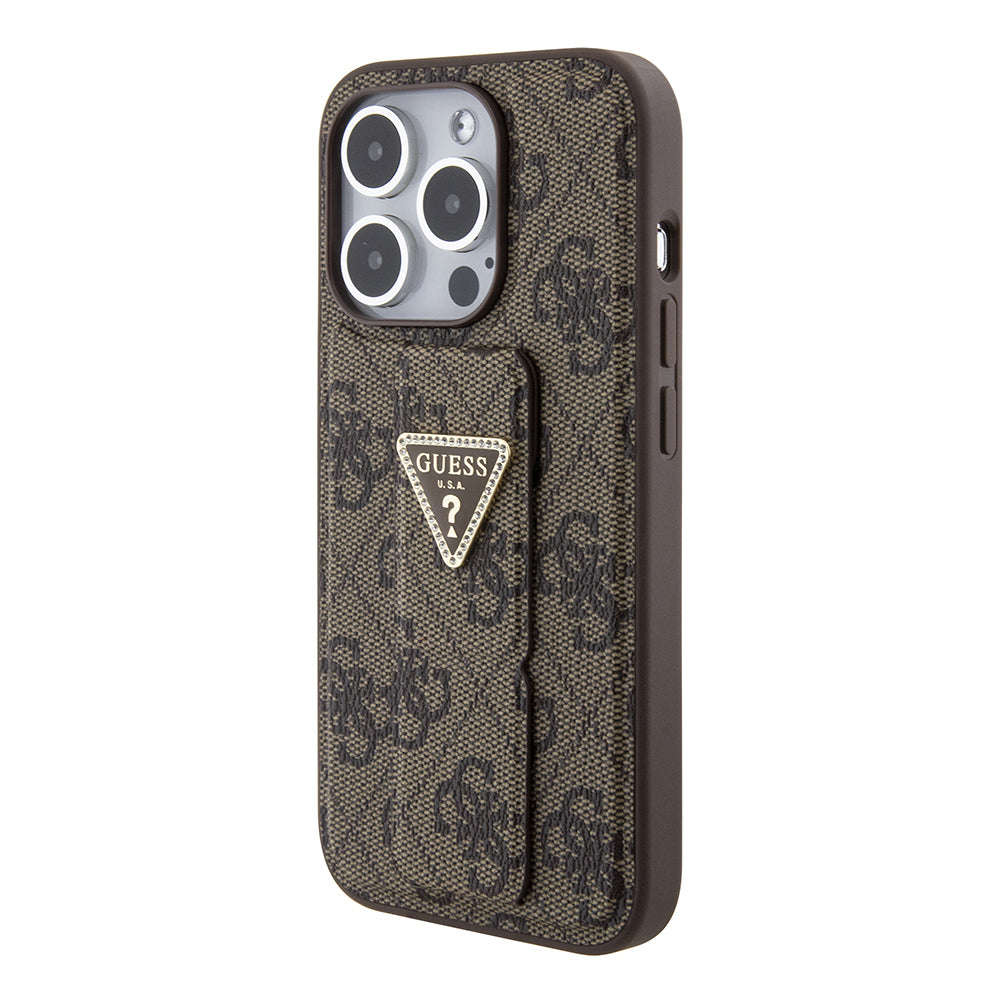 Ovitek za Apple iPhone 15 Pro Max, Guess, Grip Stand 4G Triangle Strass, rjava
