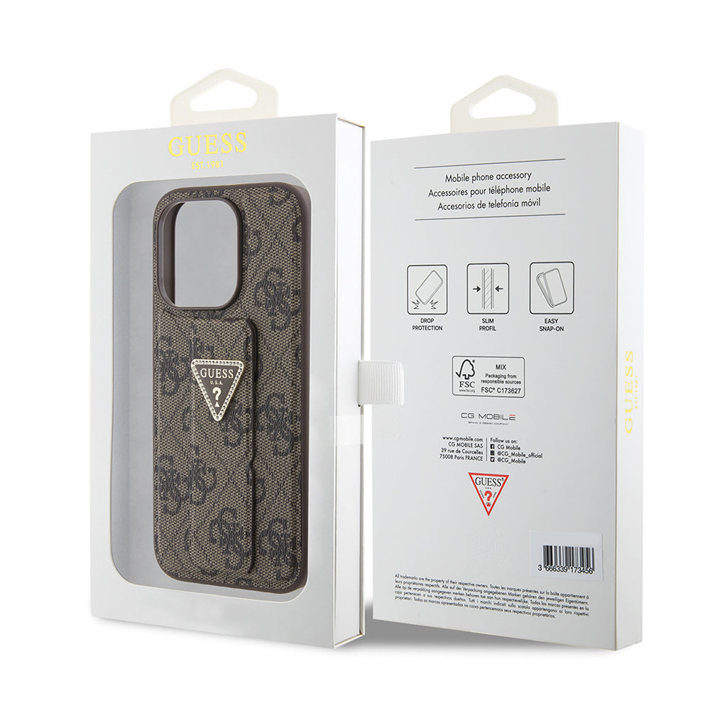 Ovitek za Apple iPhone 15 Pro Max, Guess, Grip Stand 4G Triangle Strass, rjava