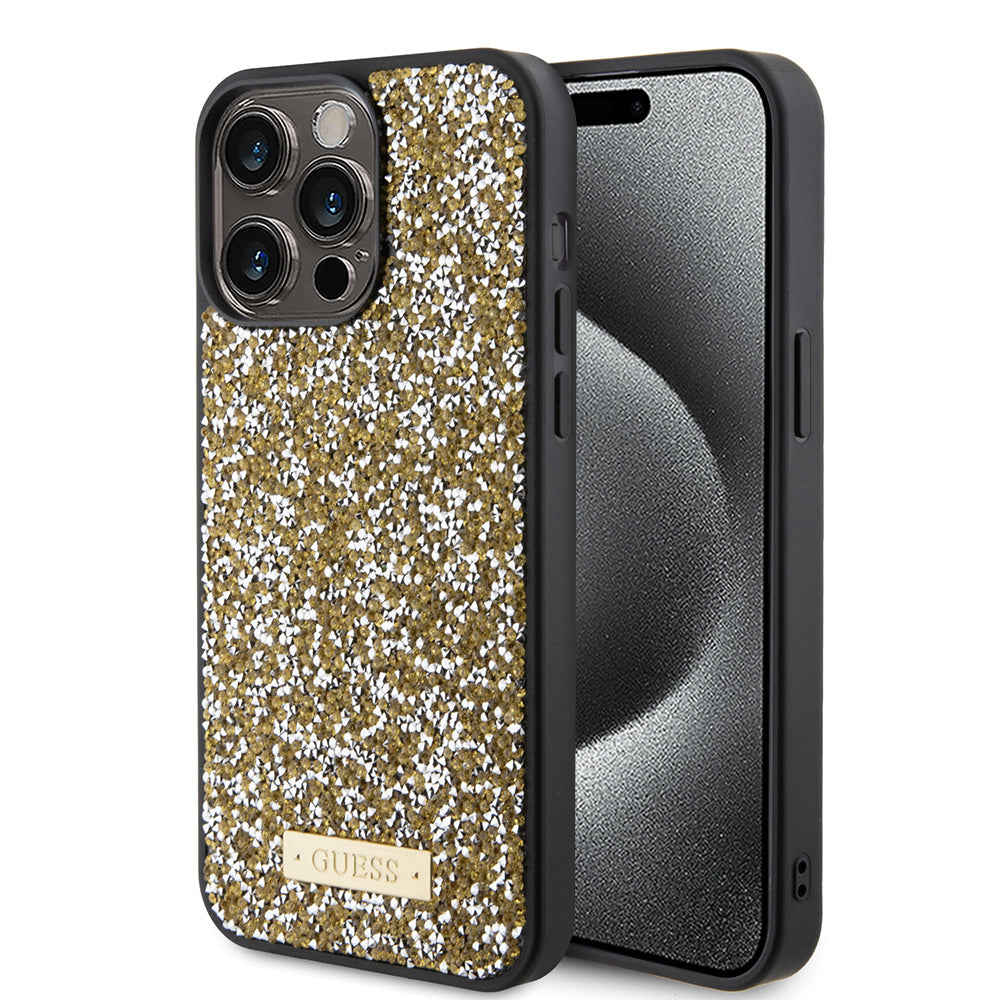 Ovitek za Apple iPhone 15 Pro Max, Guess, Rhinestone Metal Logo, Rumena