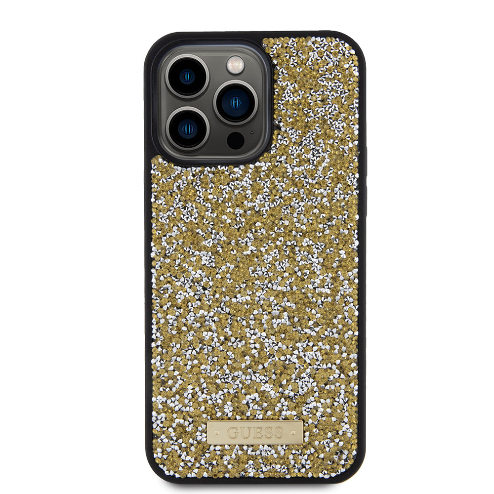 Ovitek za Apple iPhone 15 Pro Max, Guess, Rhinestone Metal Logo, Rumena