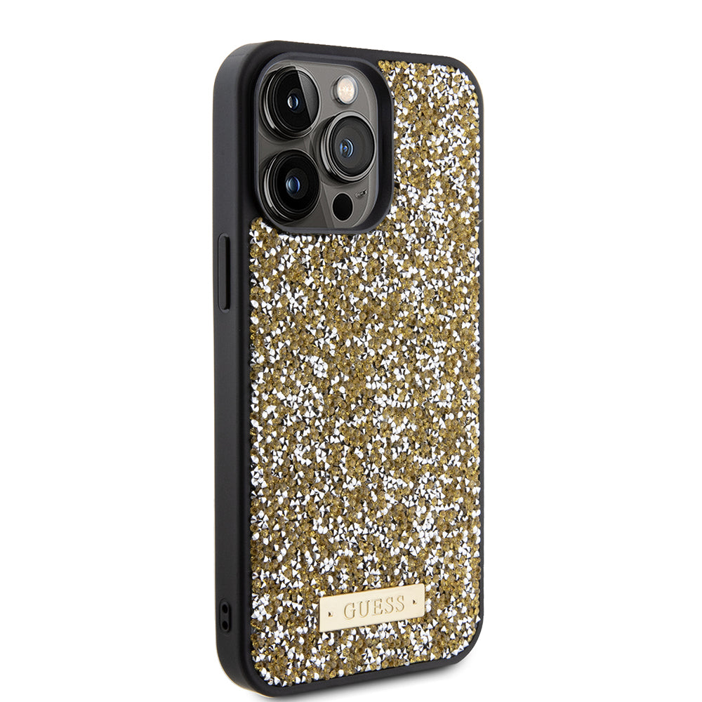 Ovitek za Apple iPhone 15 Pro Max, Guess, Rhinestone Metal Logo, Rumena