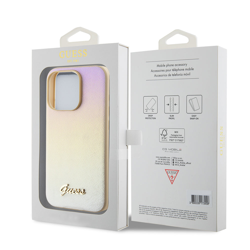 Ovitek za Apple iPhone 15 Pro Max, Guess, Saffiano Iridescent Script, Zlat