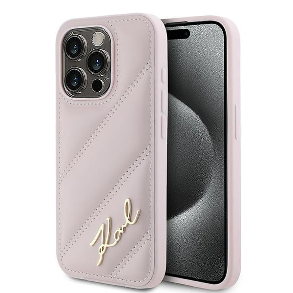 Ovitek za Apple iPhone 15 Pro Max, Karl Lagerfeld, Diagonal Quilted Script, Roza