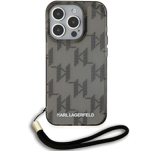 Ovitek za Apple iPhone 15 Pro Max, Karl Lagerfeld, IML Luxury Monogram KL Pattern with Strap, Črna