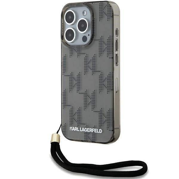 Ovitek za Apple iPhone 15 Pro Max, Karl Lagerfeld, IML Luxury Monogram KL Pattern with Strap, Črna