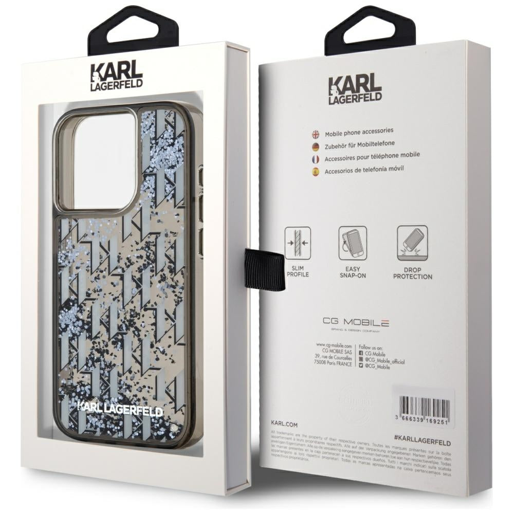 Ovitek za Apple iPhone 15 Pro Max, Karl Lagerfeld, Liquid Glitter Monogram, Črn