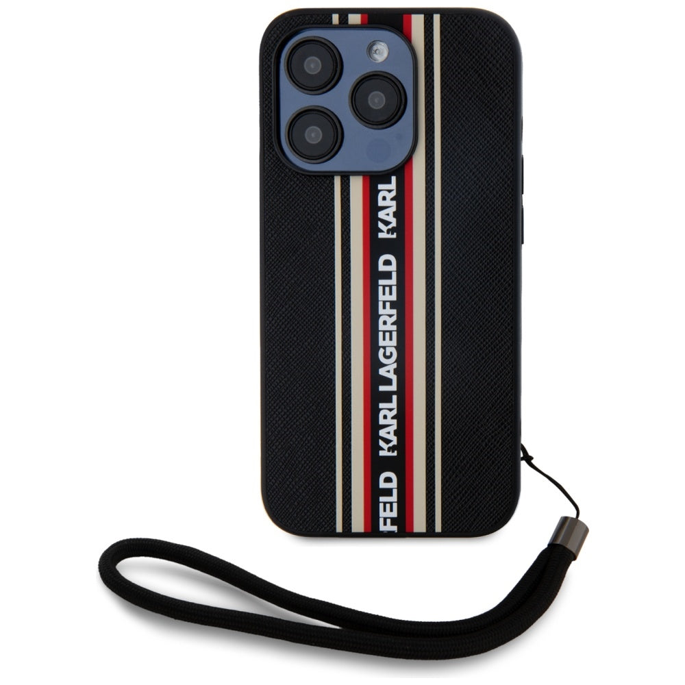 Case for Apple iPhone 15 Pro Max, Karl Lagerfeld, Saffiano Athleisure Stripes with Strap, Rosie