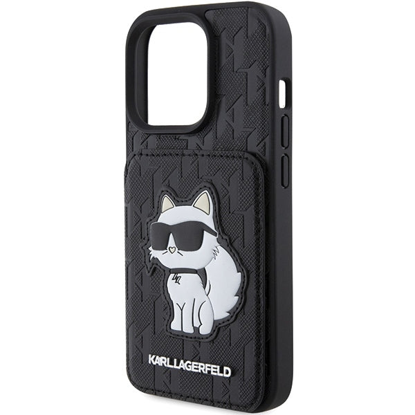 Ovitek za Apple iPhone 15 Pro Max, Karl Lagerfeld, Saffiano Cardslots and Stand Monogram Choupette, črn