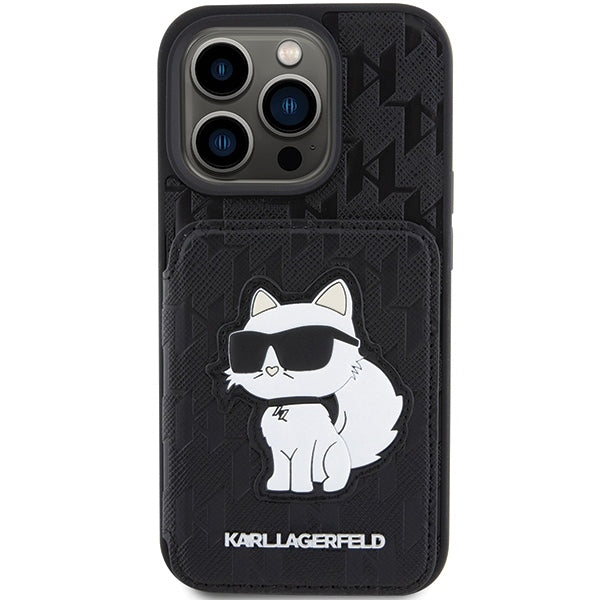 Ovitek za Apple iPhone 15 Pro Max, Karl Lagerfeld, Saffiano Cardslots and Stand Monogram Choupette, črn