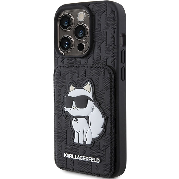 Ovitek za Apple iPhone 15 Pro Max, Karl Lagerfeld, Saffiano Cardslots and Stand Monogram Choupette, črn