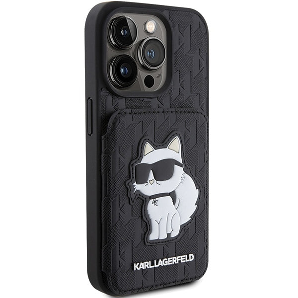 Ovitek za Apple iPhone 15 Pro Max, Karl Lagerfeld, Saffiano Cardslots and Stand Monogram Choupette, črn
