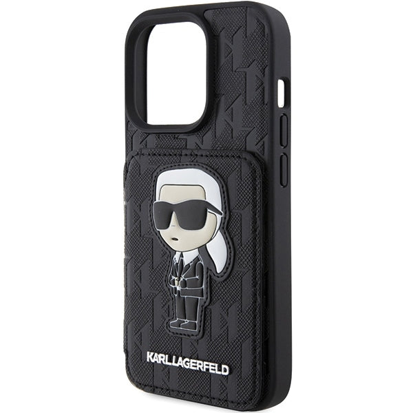 Ovitek za Apple iPhone 15 Pro Max, Karl Lagerfeld, Saffiano Cardslots and Stand Monogram Ikonik Karl, črn