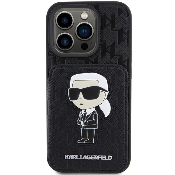 Ovitek za Apple iPhone 15 Pro Max, Karl Lagerfeld, Saffiano Cardslots and Stand Monogram Ikonik Karl, črn