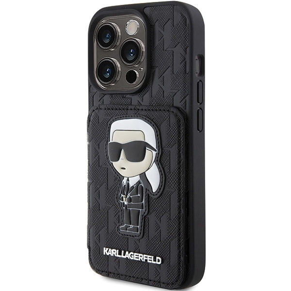 Ovitek za Apple iPhone 15 Pro Max, Karl Lagerfeld, Saffiano Cardslots and Stand Monogram Ikonik Karl, črn