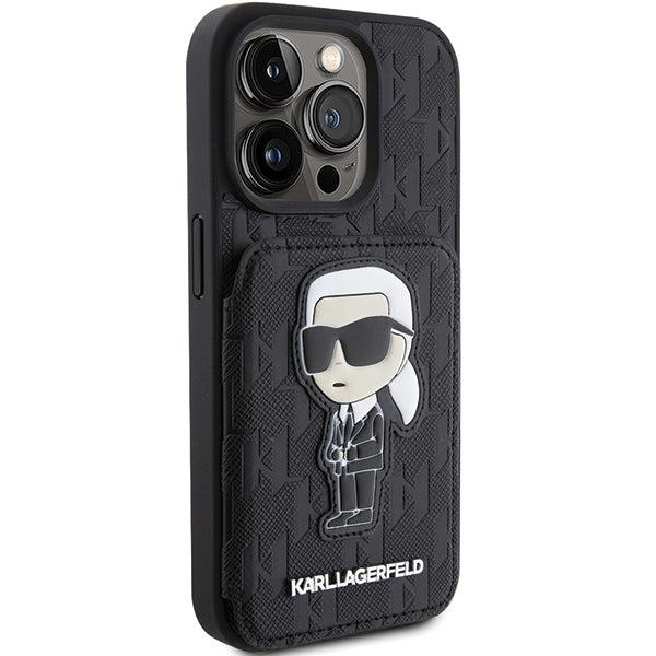 Ovitek za Apple iPhone 15 Pro Max, Karl Lagerfeld, Saffiano Cardslots and Stand Monogram Ikonik Karl, črn
