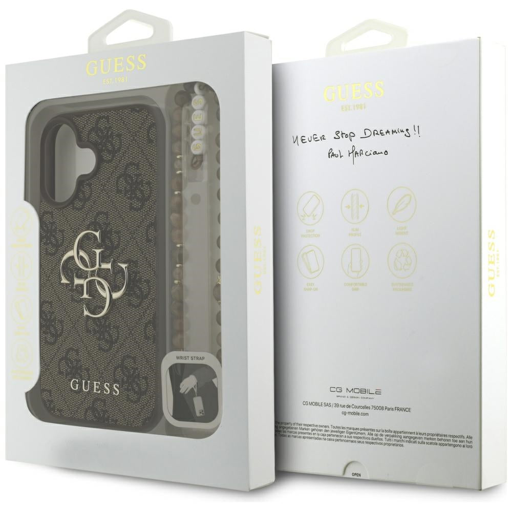 Ovitek za Apple iPhone 16, Guess, 4G Classic Logo with Strap, rjava