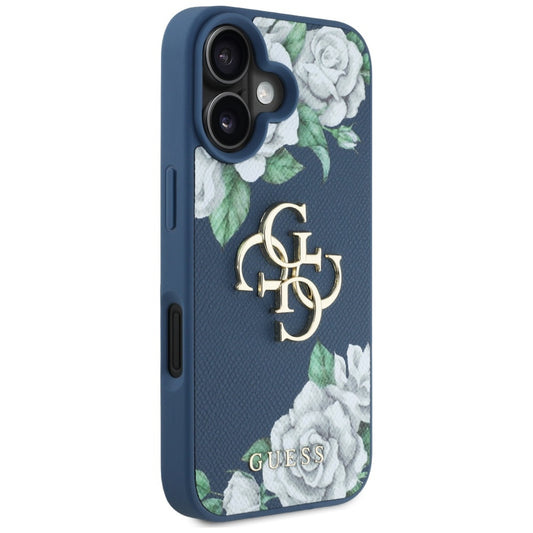 Ovitek za Apple iPhone 16, Guess, 4G Grained Roses Big Logo, Modra