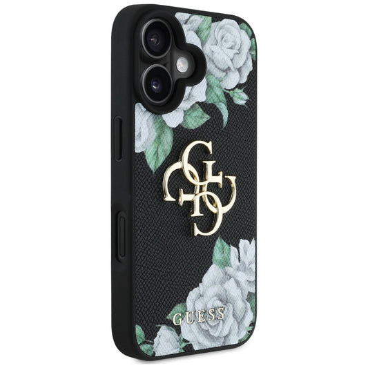 Ovitek za Apple iPhone 16, Guess, 4G Grained Roses Big Logo, črn