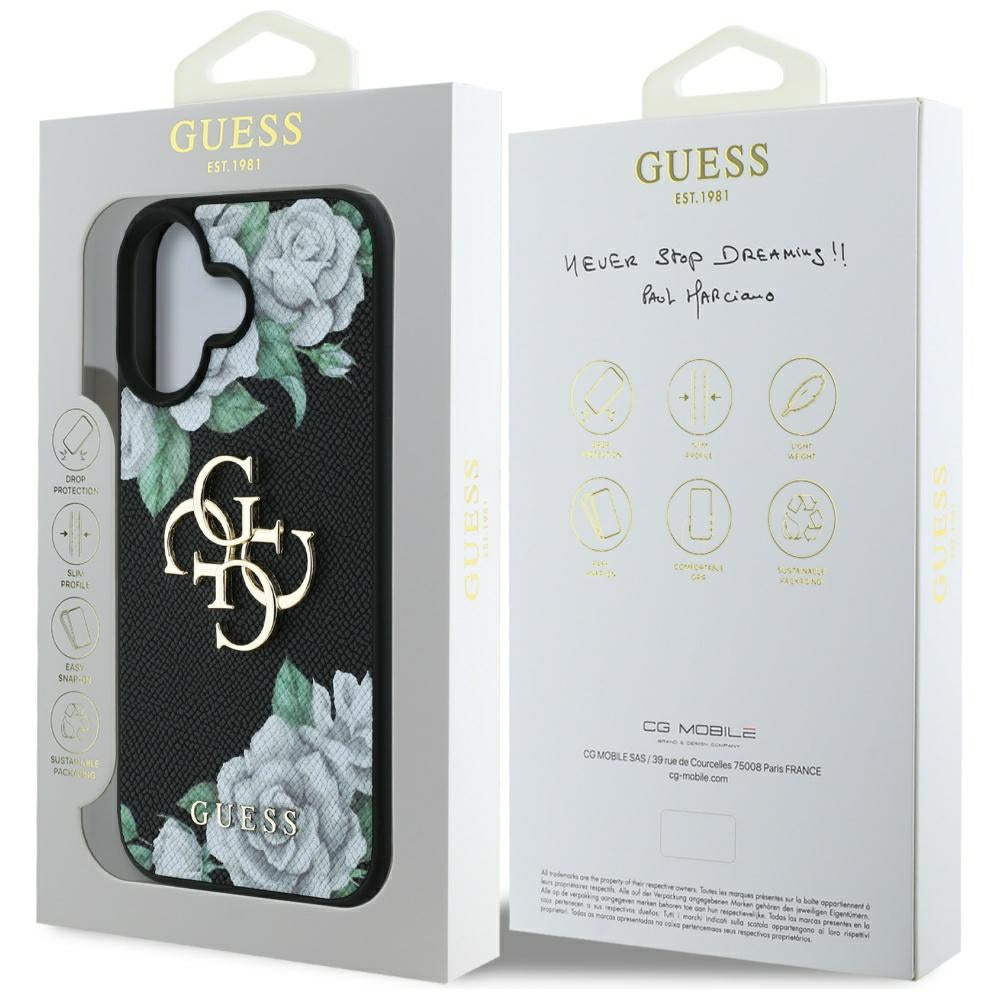 Ovitek za Apple iPhone 16, Guess, 4G Grained Roses Big Logo, črn