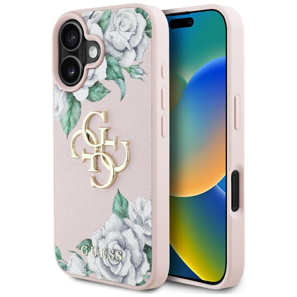 Ovitek za Apple iPhone 16, Guess, 4G Grained Roses Big Logo, Roza