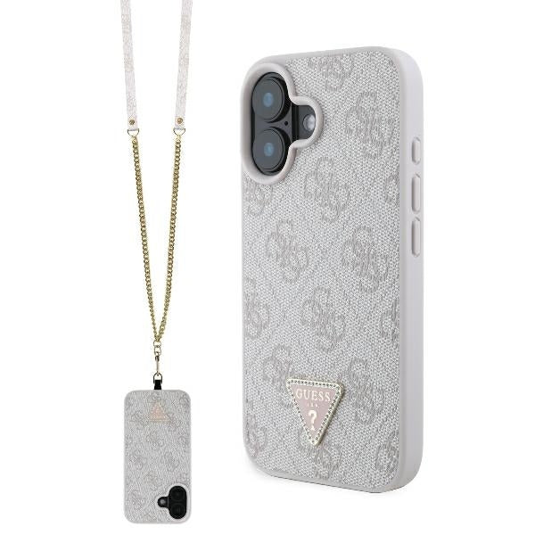 Ovitek za Apple iPhone 16, Guess, Crossbody 4G Triangle Strass, Roza