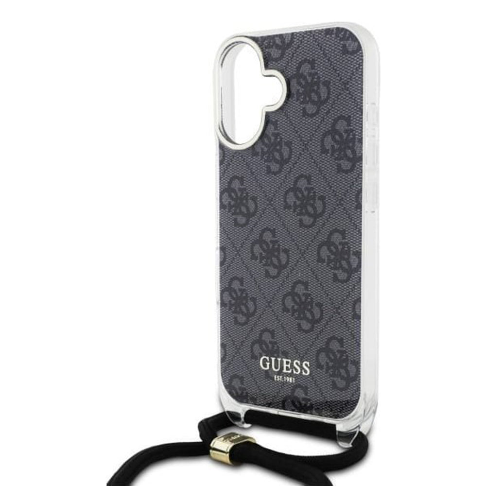 Ovitek za Apple iPhone 16, Guess, Crossbody Cord 4G Print, črn.