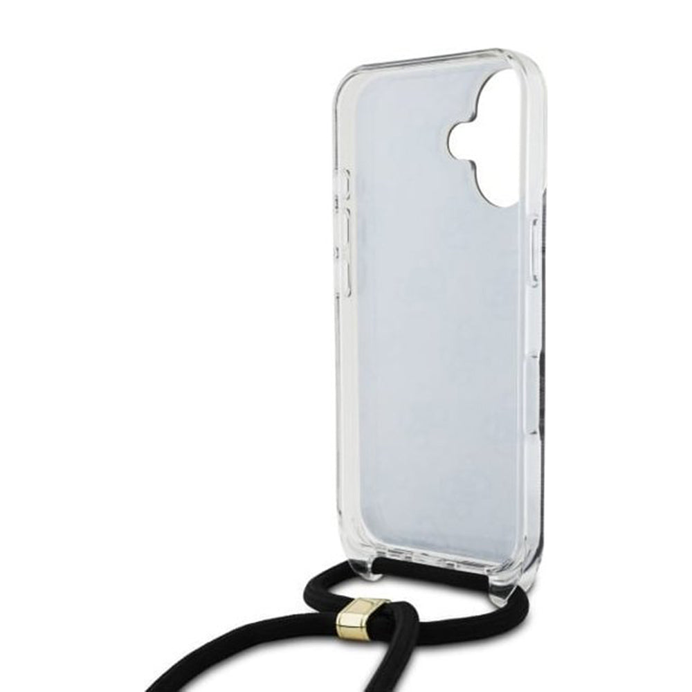 Ovitek za Apple iPhone 16, Guess, Crossbody Cord 4G Print, črn.