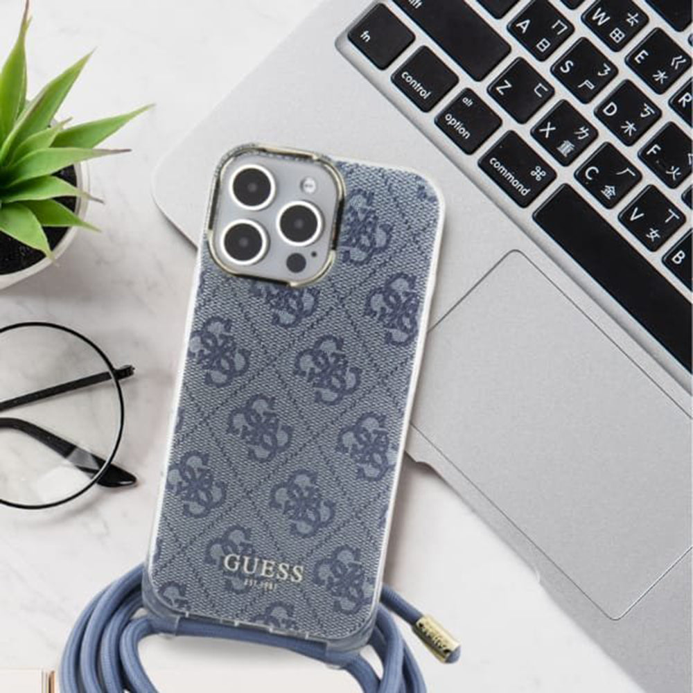 Ovitek za Apple iPhone 16, Guess, Crossbody Cord 4G Print, črn.