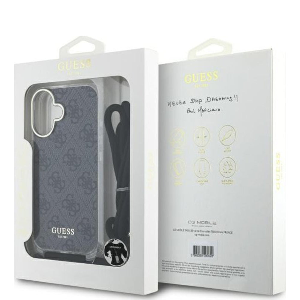 Ovitek za Apple iPhone 16, Guess, Crossbody Cord 4G Print, črn.