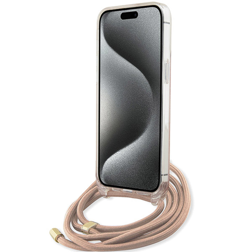Ovitek za Apple iPhone 16, Guess, Crossbody Cord 4G Print, Roza